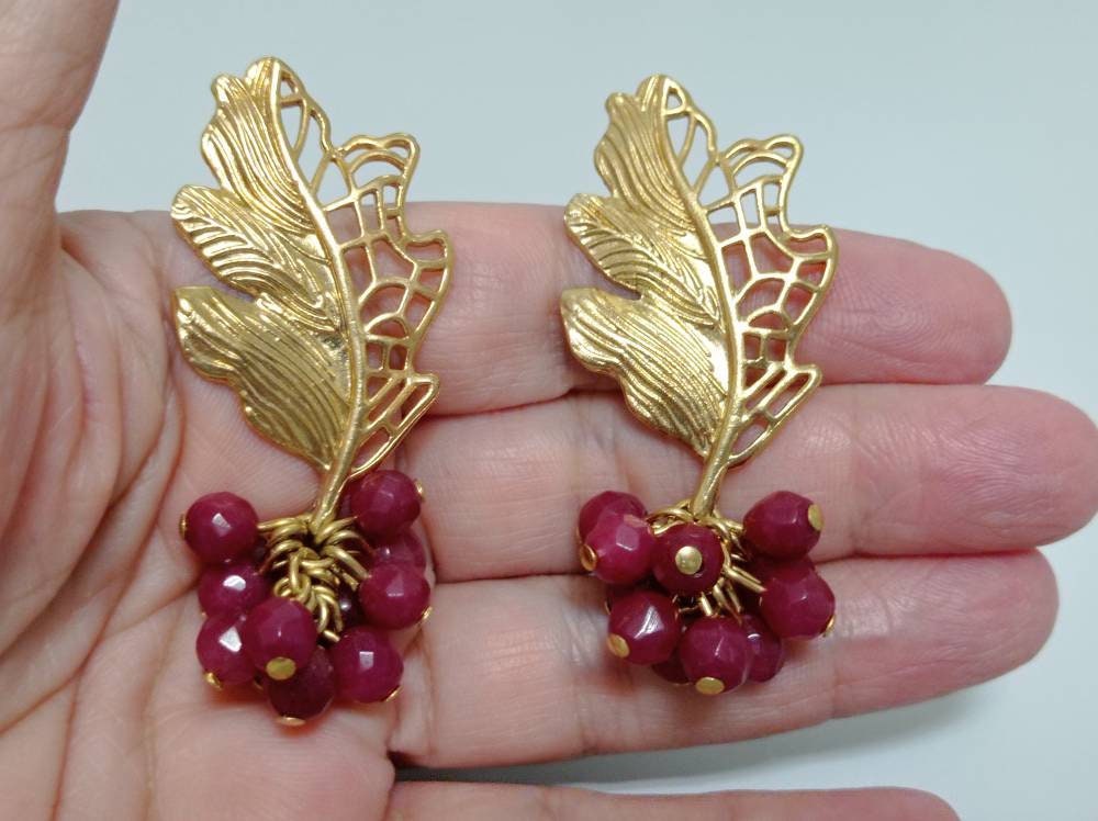 Gold Plated Leaf Earrings with Bougainvillea Jade, Victorian Style, Hypoallergenic