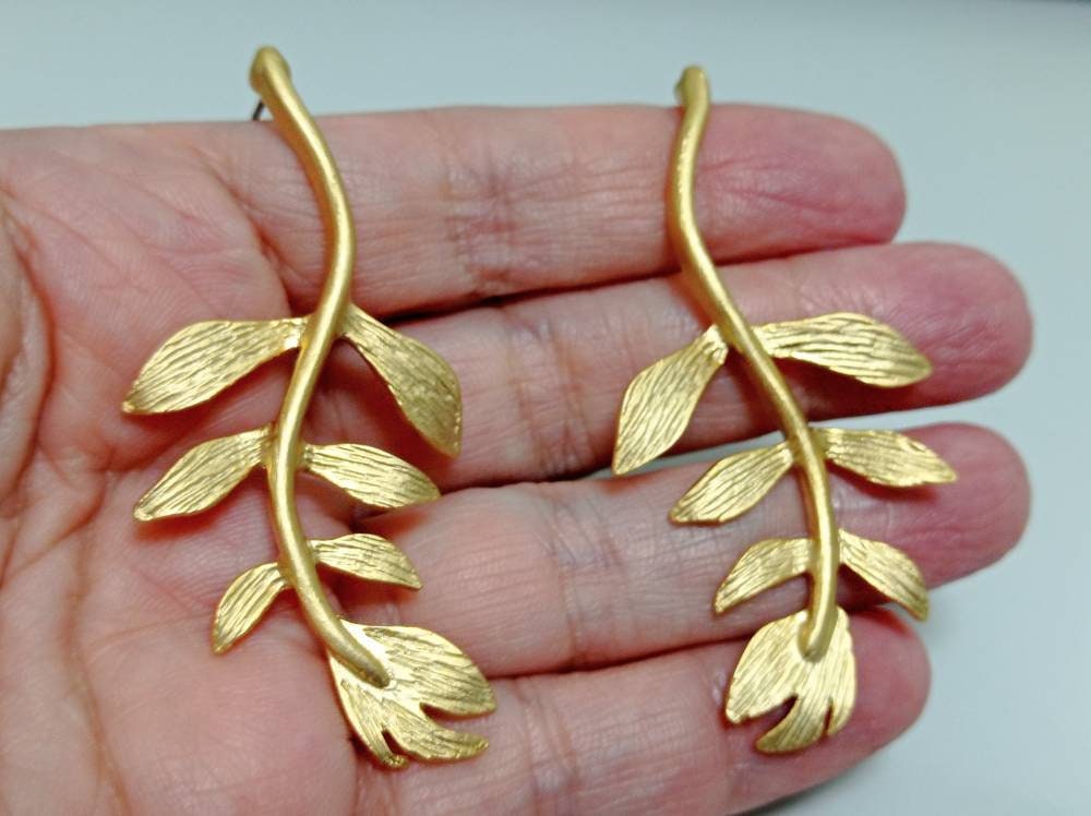 Brass Gold Plated Leaf Dangle Earrings – Boho Chic Hypoallergenic Lightweight Jewelry