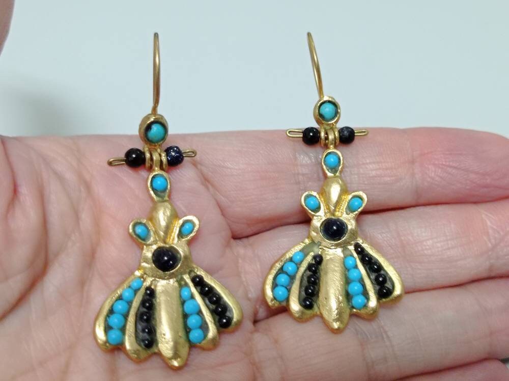 Bronze Plated Earrings, Black Agate and Turquoise, Hook Earrings