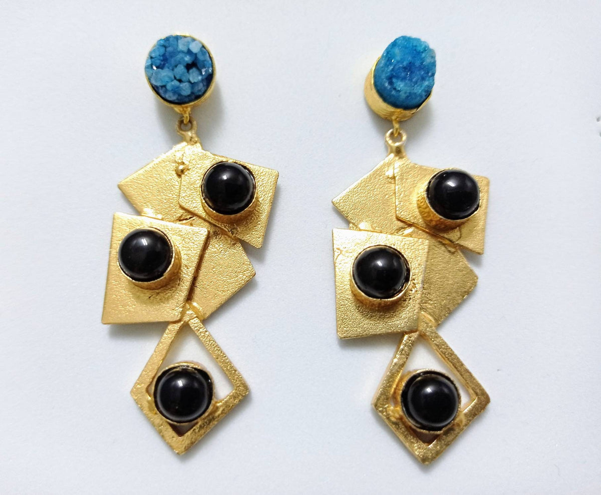 Handmade Blue Druzy Black Agate Geometric Dangle Earrings: Gold Plated, Hypoallergenic