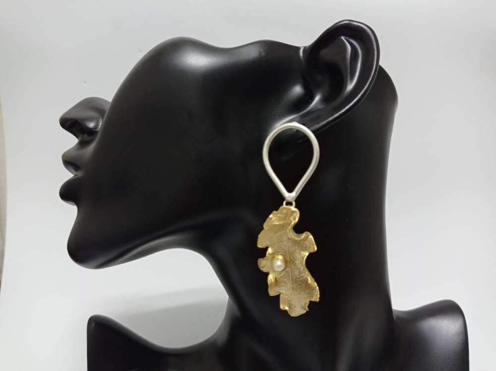 Handmade Turkish Leaf Pearl Earrings, Matte Gold Silver-Plated Brass Dangle Studs