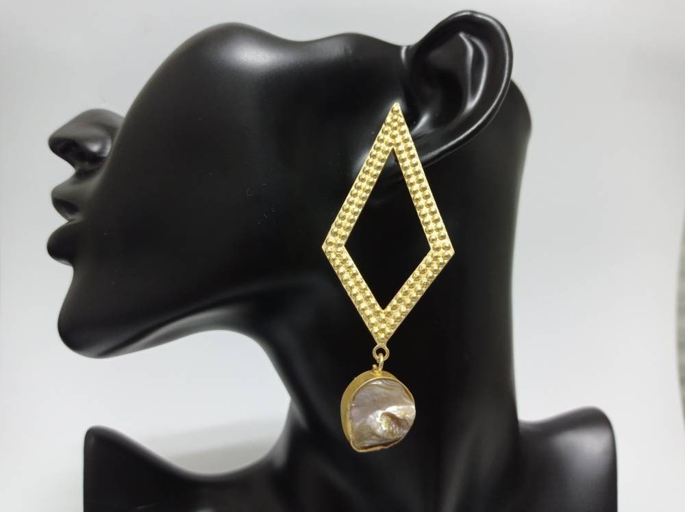 Elegant Art Deco Baroque Pearl Gold Plated Dangle Earrings - Hypoallergenic with Gift Packaging