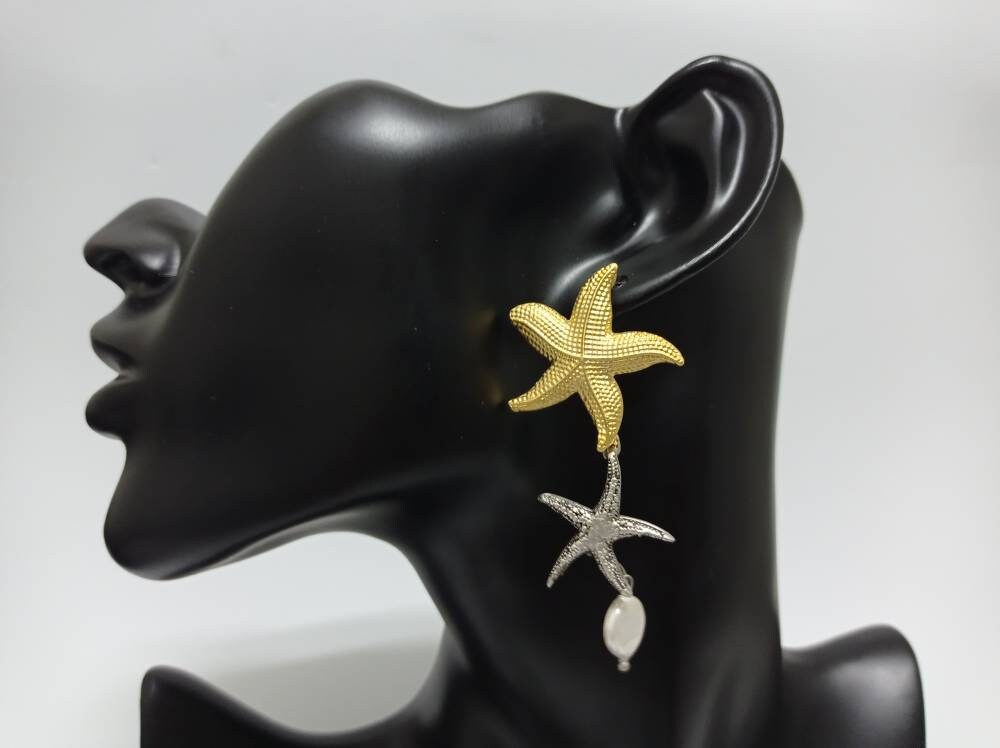 Gold Silver Starfish Pearl Dangle Earrings, Lightweight Coastal Jewelry
