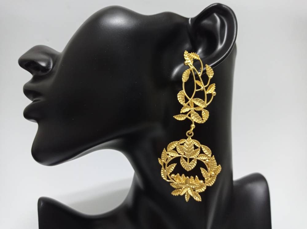 Gold Leaf Earrings Chandelier Dangle, Botanical Statement Jewelry, Lightweight Elegant Gift for Her