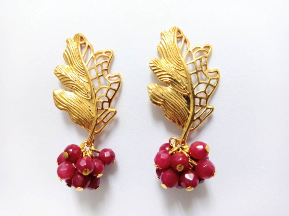 Gold Plated Leaf Earrings with Bougainvillea Jade, Victorian Style, Hypoallergenic