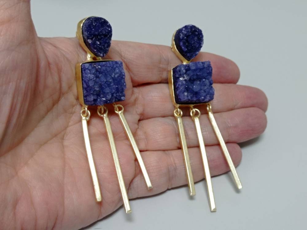 Handcrafted Blue Druzy Brass Tassel Earrings, Gold Plated Stud Dangles - Hypoallergenic