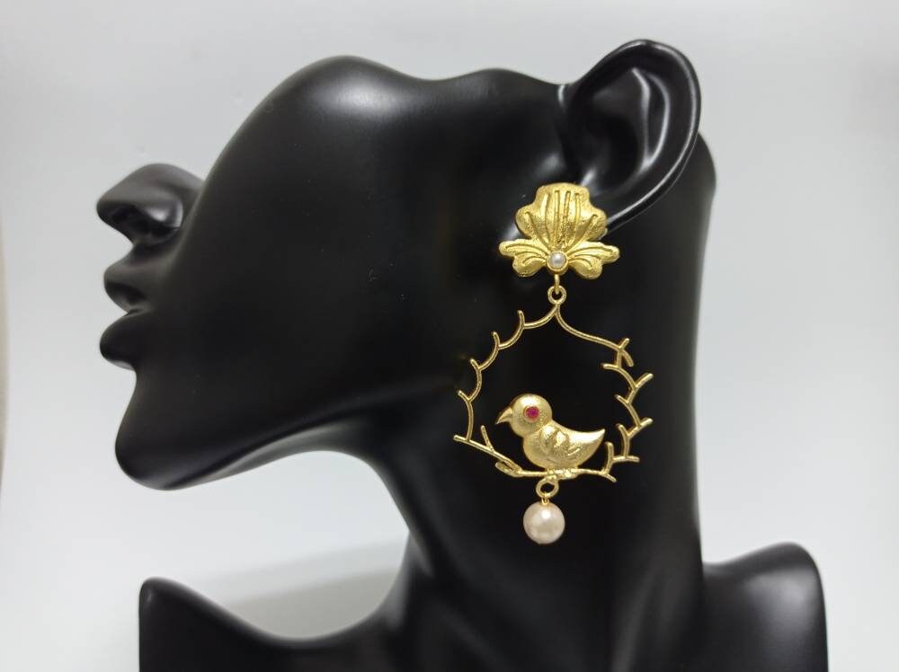 Gold Plated Brass Bird Earrings with Bougainvillea Stone, Hypoallergenic, Gift Packaging Included