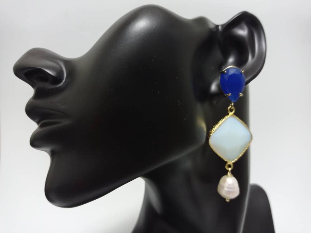 Gold Plated Dangle Earrings, Blue White Agate, Freshwater Pearls, Bridal Jewelry