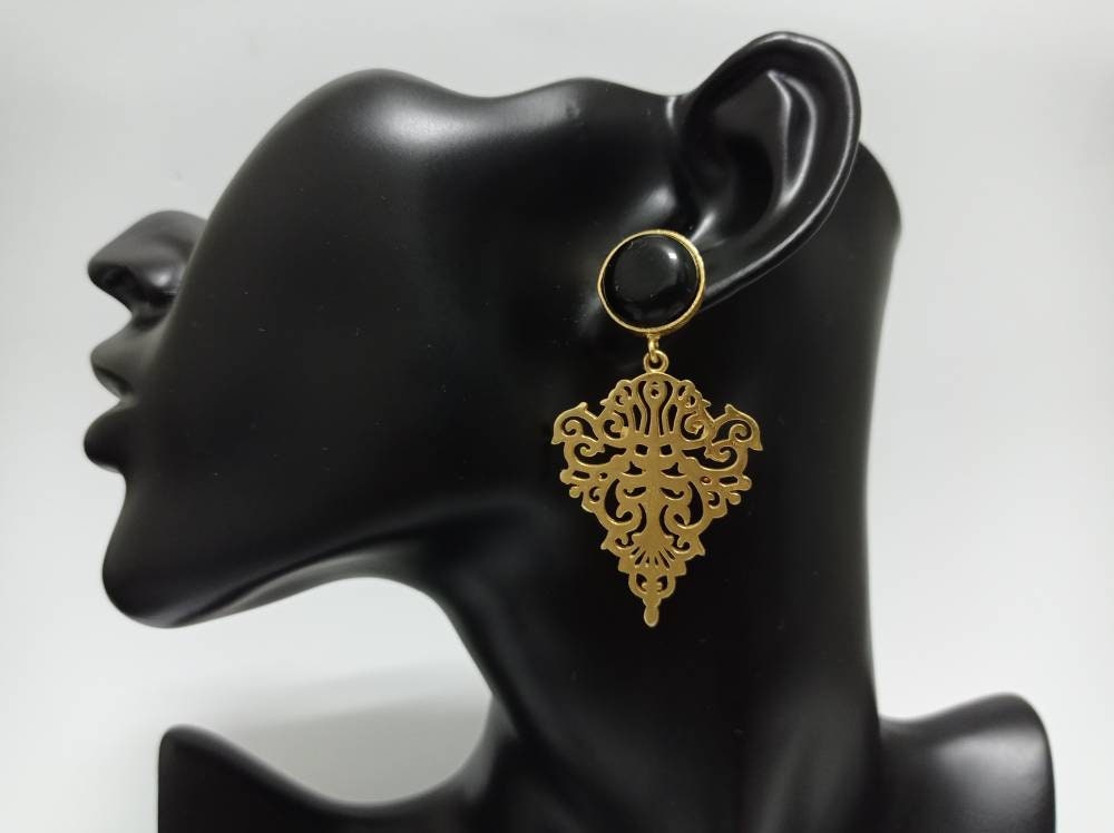 Gold Plated Brass Black Agate Dangle Earrings – Hypoallergenic, Daily Wear, Special Occasions