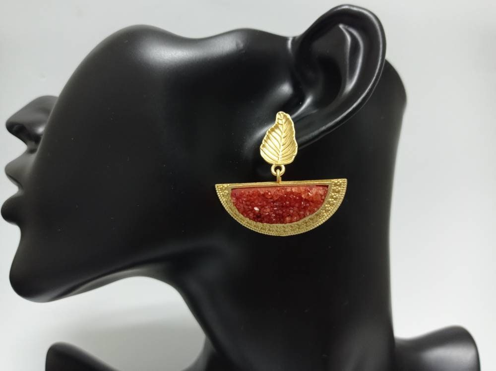 Orange Druzy Leaf Earrings, Gold Plated Semicircle Dangle Studs