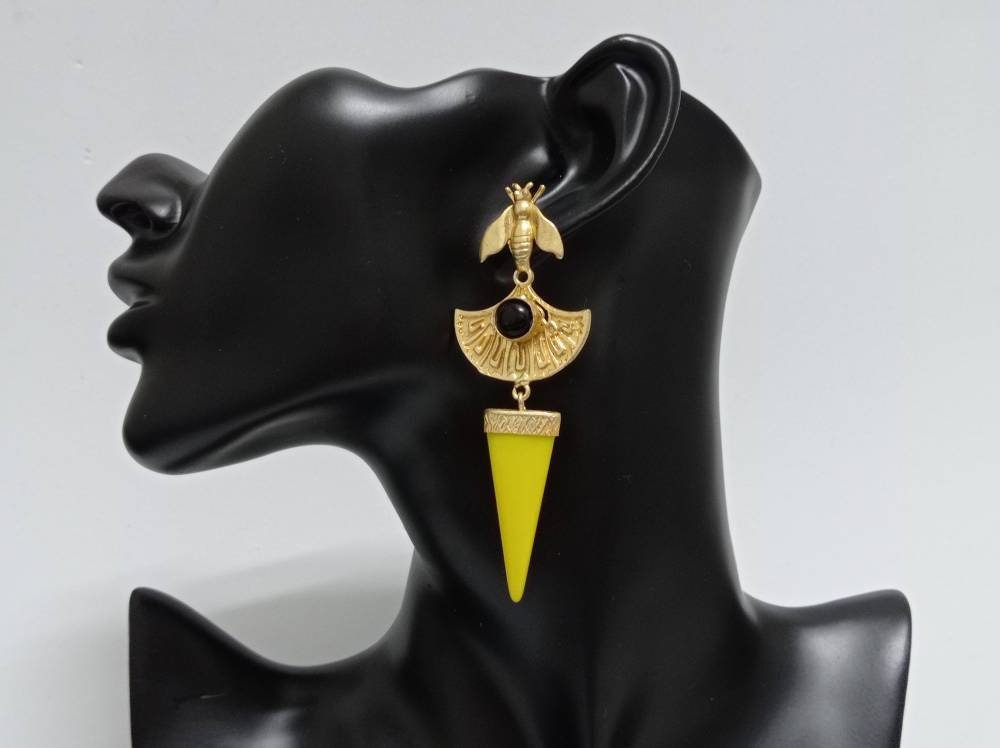 Gold Plated Bee Dangle Earrings, Black Agate & Yellow Stone