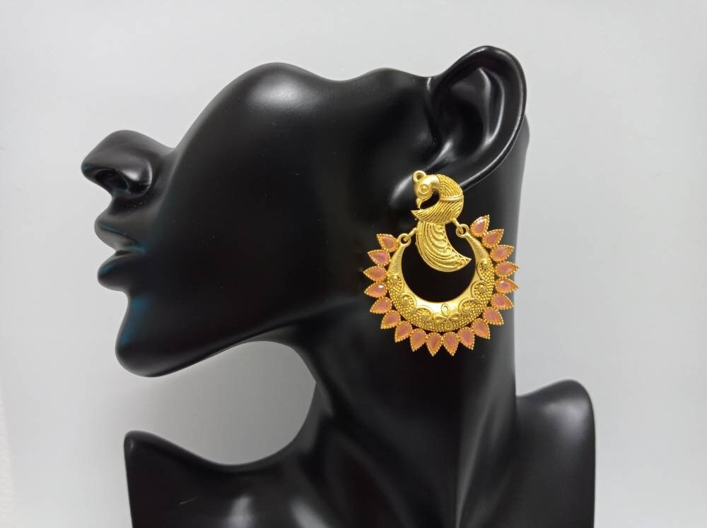 Gold Plated Peacock Hoop Earrings, Jade Stone Dangle Earrings