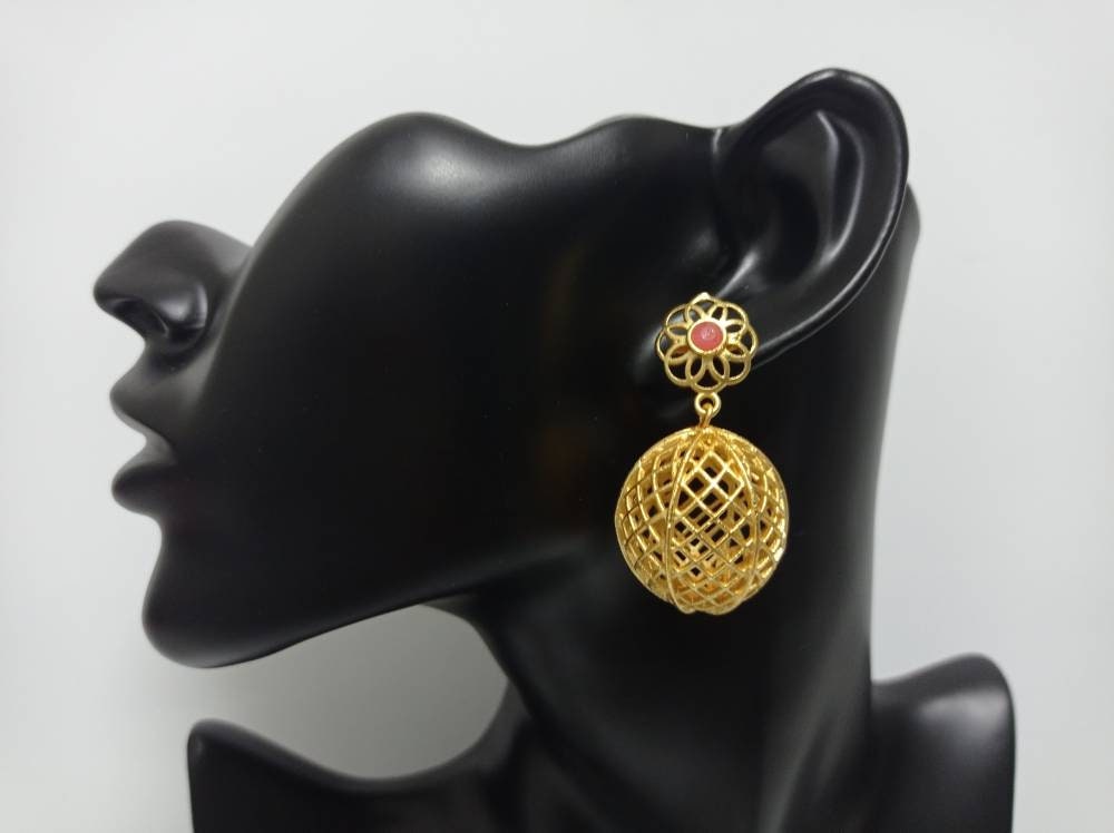 Gold Plated Brass Flower Earrings, Pink Agate Gemstone, Lightweight