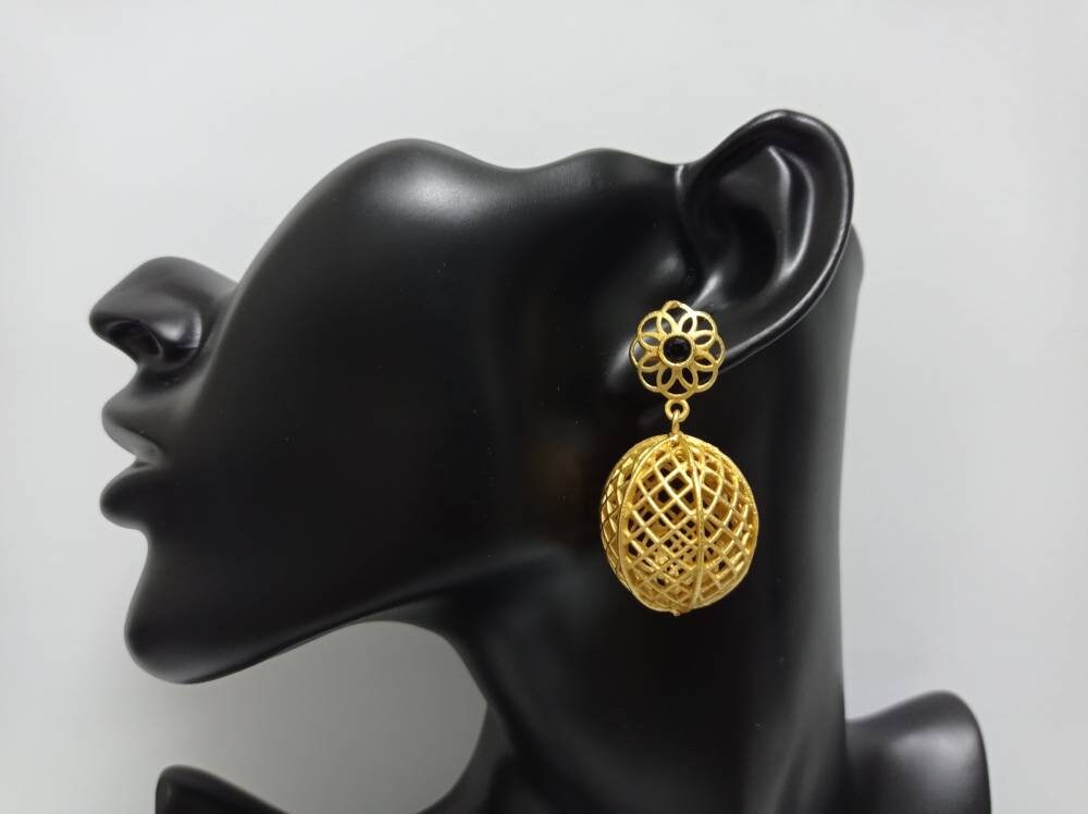 Gold Plated Brass Dangle Earrings, Black Agate, Boho Gypsy