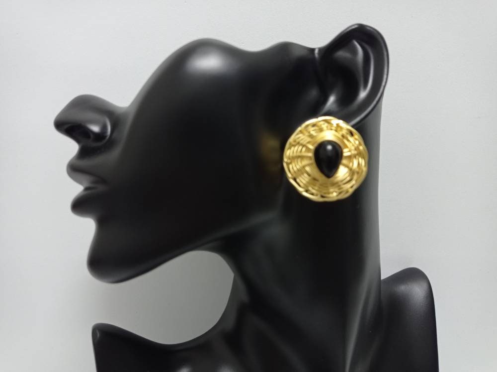 Gold Plated Woven Brass Stud Earrings, Black Agate Stone