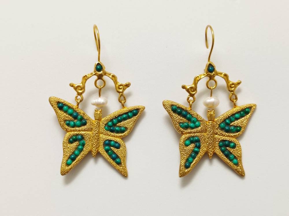 Handmade Gold Plated Bronze Butterfly Earrings, Malaquite Dangle Earrings