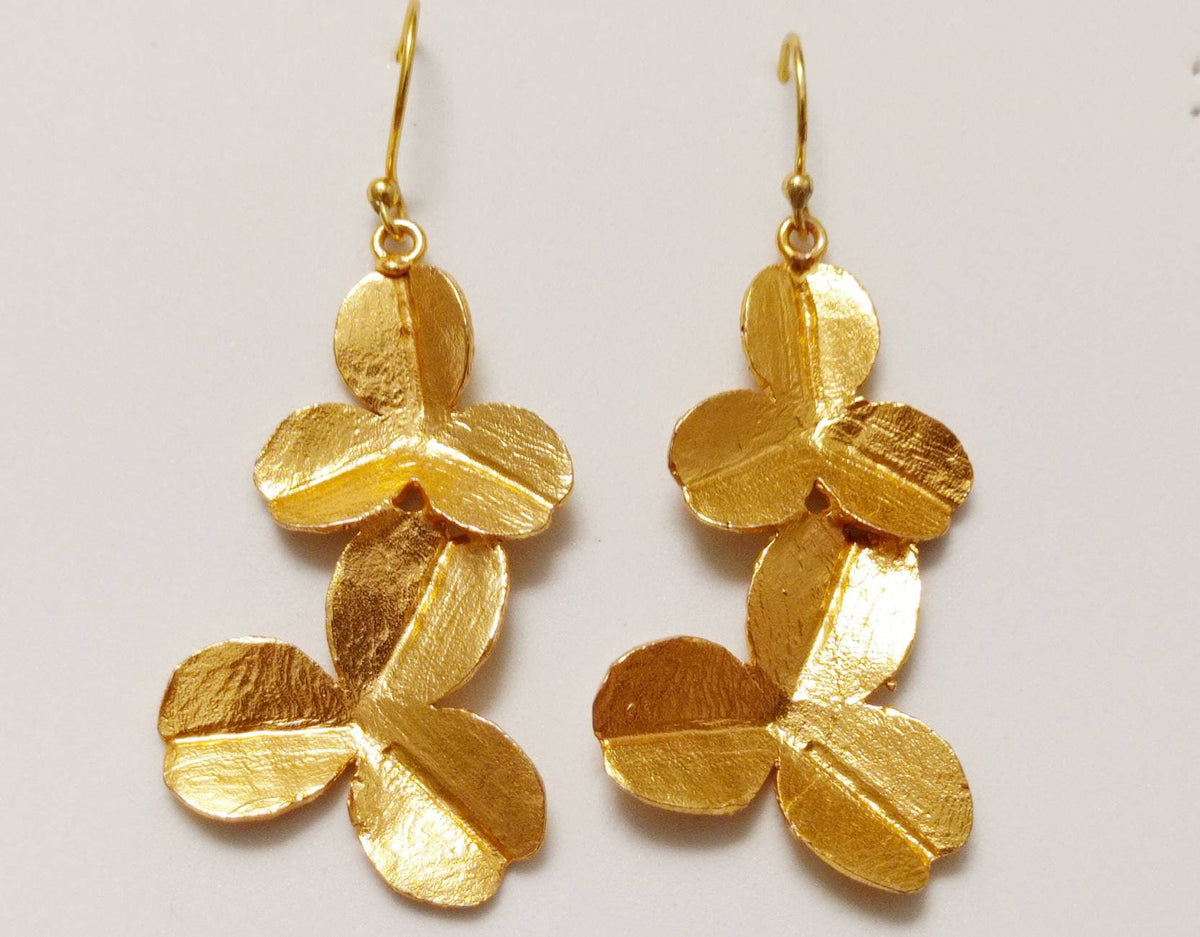 Gold Plated Botanic Clover Dangle Earrings – Hypoallergenic Brass Design (6.5cm Length)