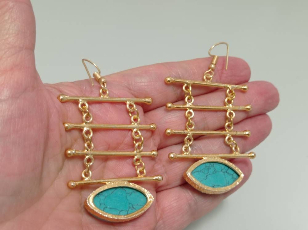 Turquoise Howlite Chandelier Earrings, Gold Plated Brass