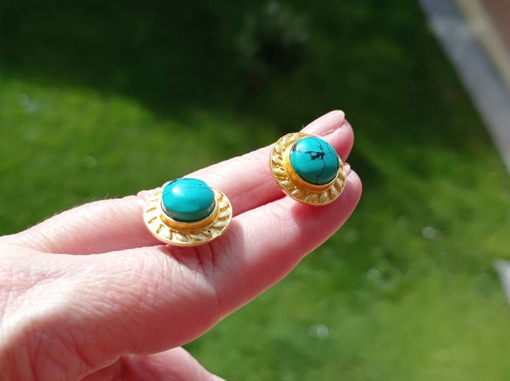 Blue Howlite Stud Earrings, Gold Plated Brass, Hypoallergenic