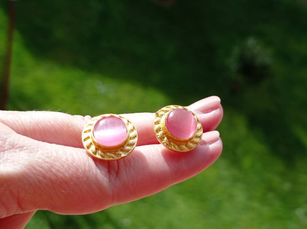 Gold Plated Brass Stud Earrings with Pink Cat Eye - Hypoallergenic, Gift Packaging Included