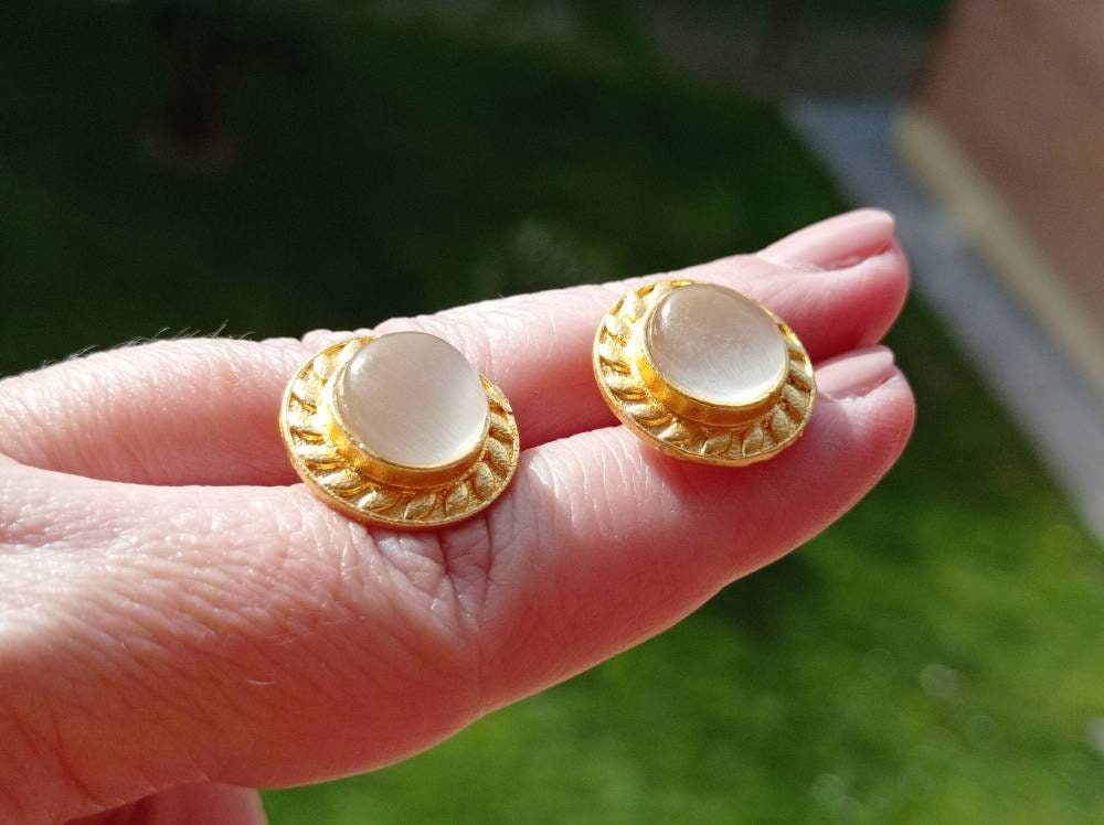 White Cat Eye Stud Earrings, Gold Plated Brass, Dainty Round Posts