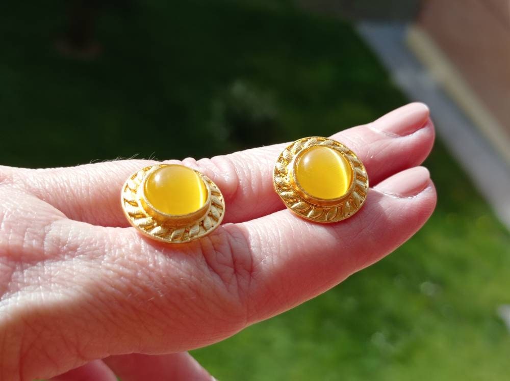 Dainty Yellow Cat Eye Stud Earrings, Gold Plated Brass