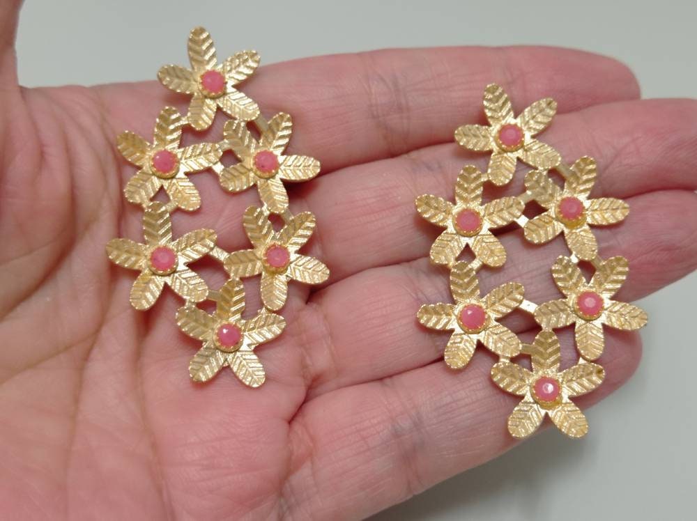 Rhinestone Salmon Flower Earrings, Gold Plated Bougainvillea Earrings