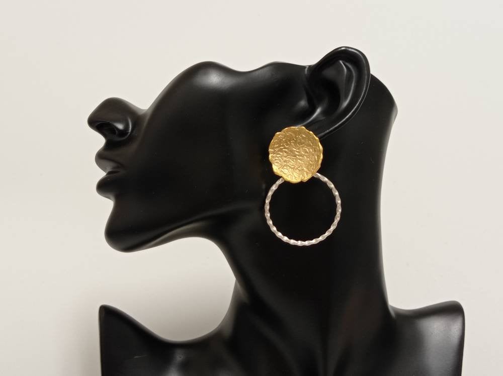 Two Tone Turkish Earrings, Matte Gold Plated Silver Dangle Earrings