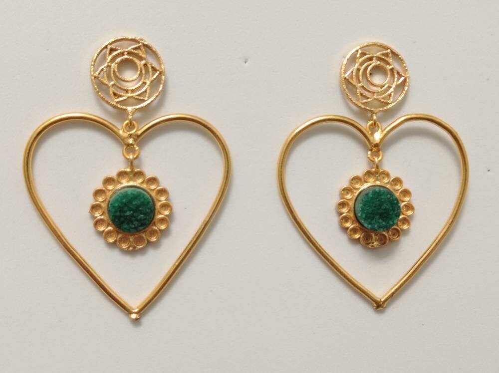 Green Druzy Heart Dangle Earrings, Gold Plated Brass, Artisan Jewelry