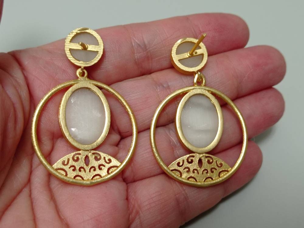Gold Plated Cat Eye Stone Dangle Earrings: Chandelier Style for Daily & Special Occasions