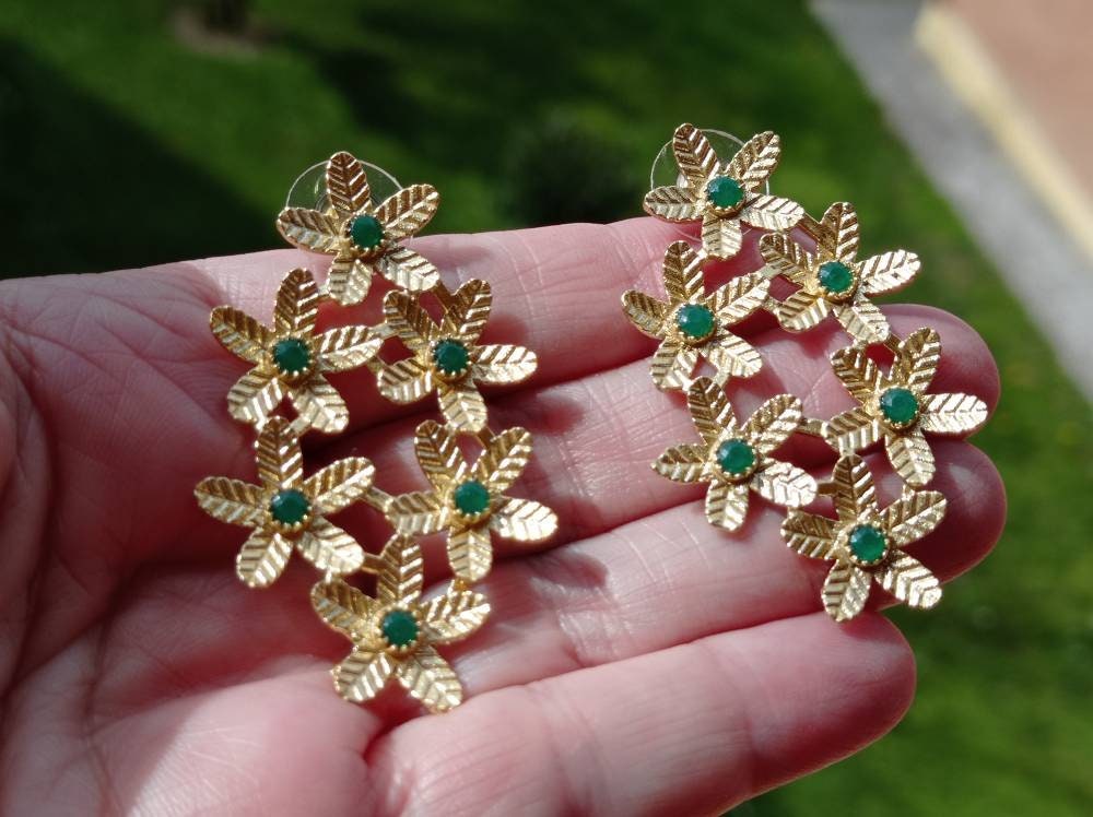 Green Jade Gold Flower Earrings, Brass Dangle Studs