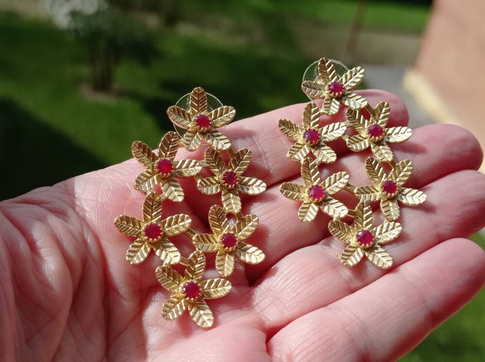 Rhinestone Ruby Brass Flower Earrings, Gold Plated Dangle Studs