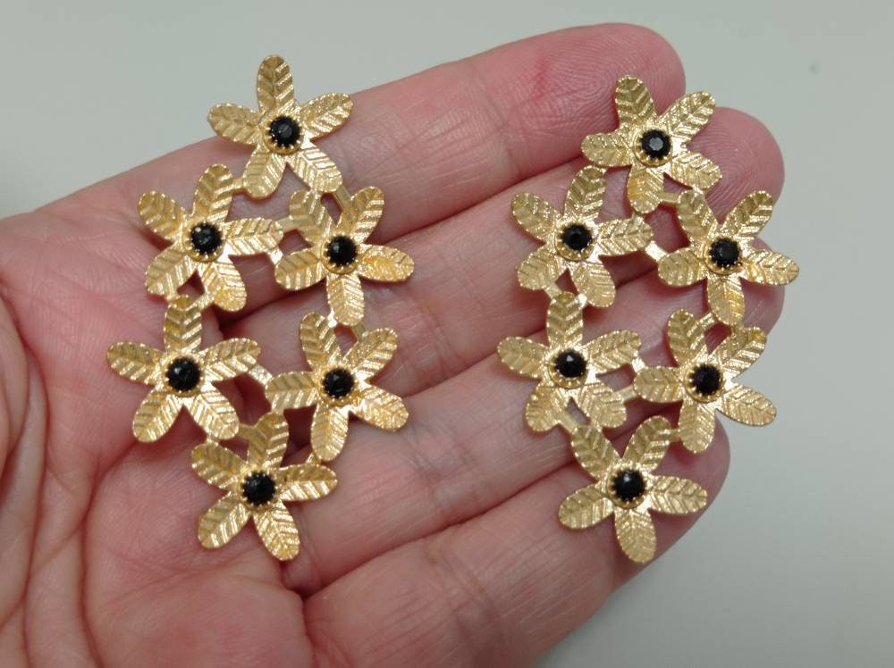 Gold Flower Earrings with Black Agate: Boho Floral Brass Jewelry