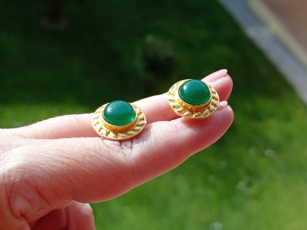Green Agate Stud Earrings, Gold Plated Brass, Artisan Jewelry