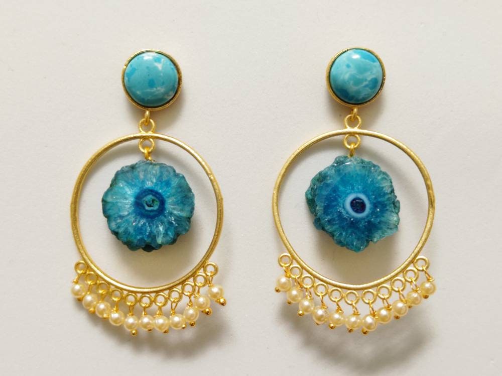 Boho Brass Dangle Gemstone Earrings with Pearls, Larimar Blue Solar Quartz Hoops, Celestial Jewelry
