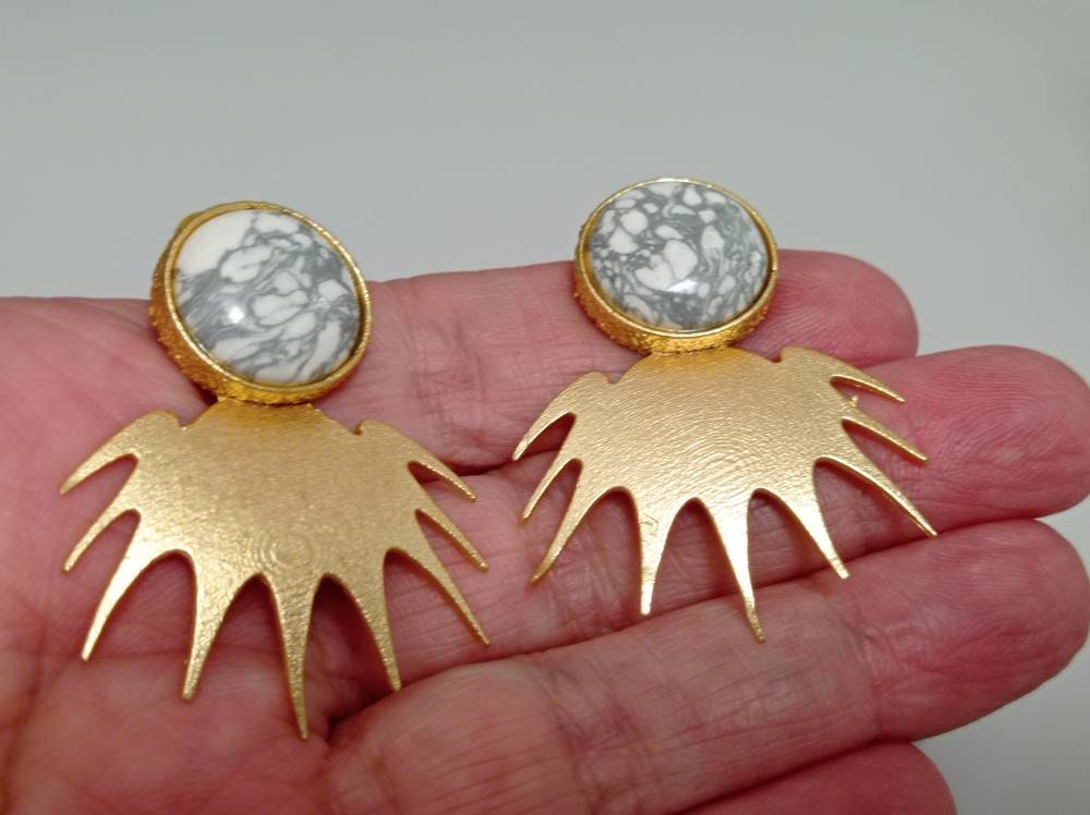 Gold Plated White Howlite Stone Earrings - Hypoallergenic Stud Earrings with Smart Gift Packaging