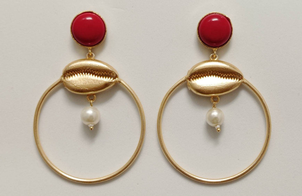 Gemstone Coral Cauri Shell Hoop Dangle Earrings for Daily Life and Special Occasions