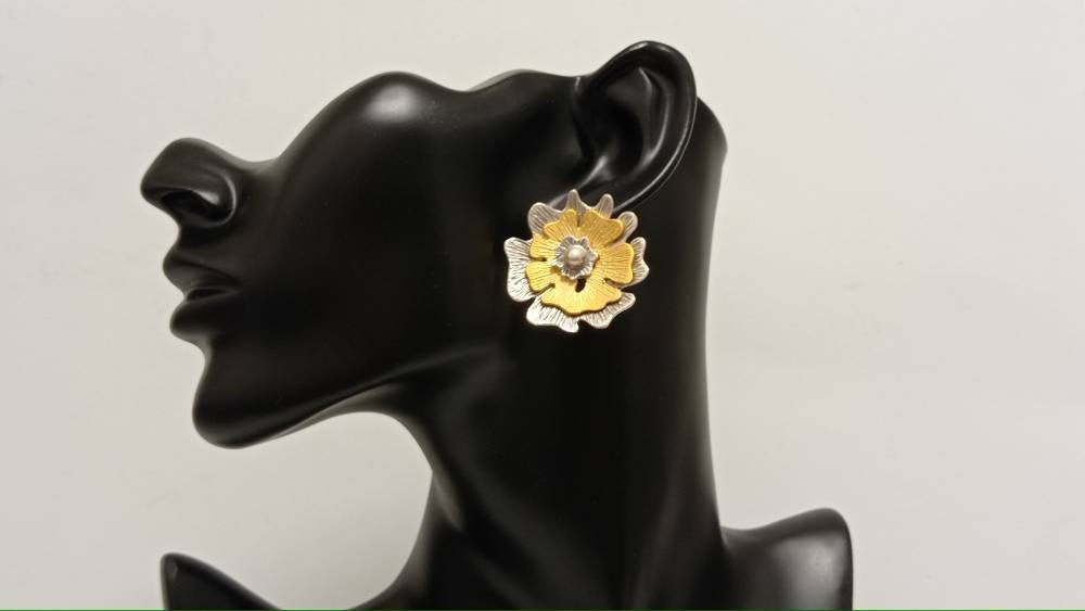 Mixed Metal Flower Stud Earrings, Turkish Inspired Brass, Gold Silver Plated, Hypoallergenic Jewelry