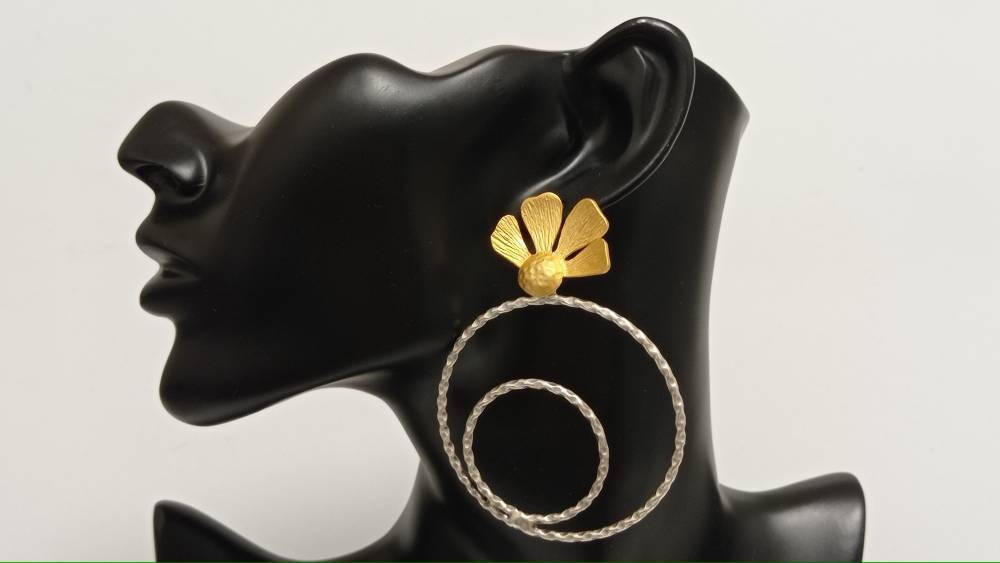 Matte Gold Turkish Flower Hoop Earrings: Hypoallergenic Brass Dangle Jewelry