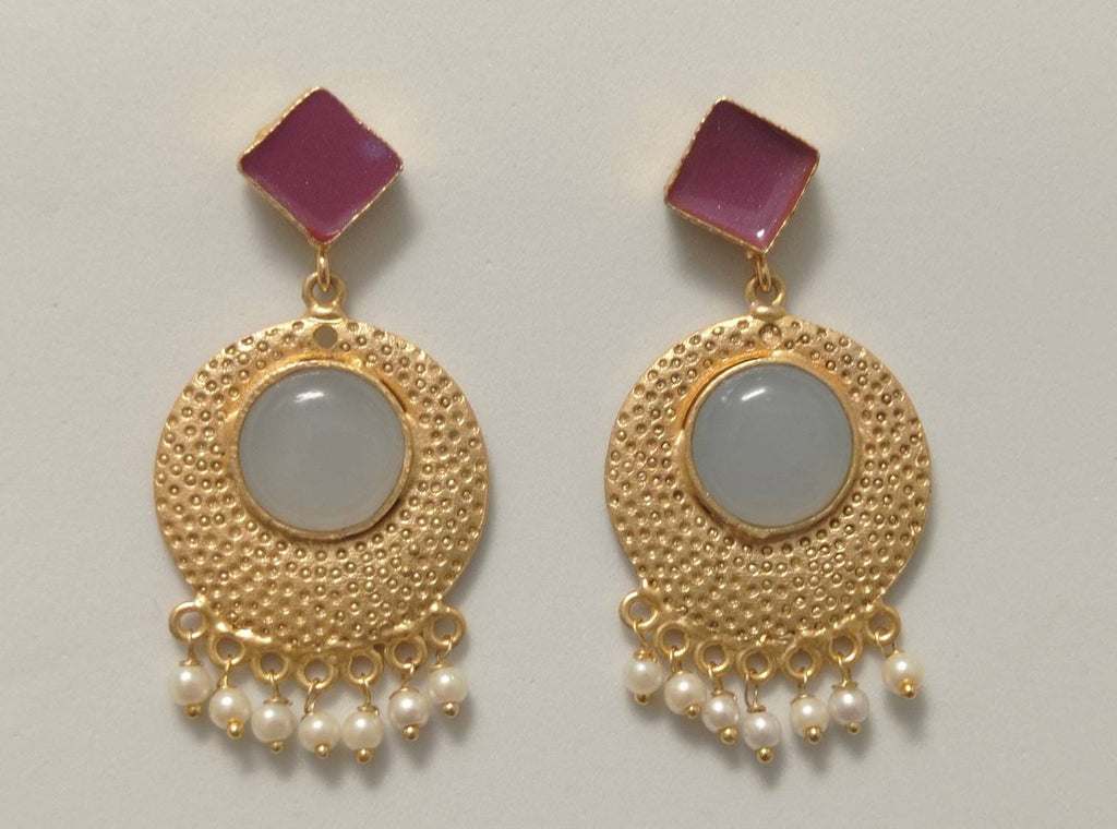 Gold Plated Chandelier Agate Earrings, Art Deco Enamel, Boho Ethnic Drop, Seed Pearl Fringe