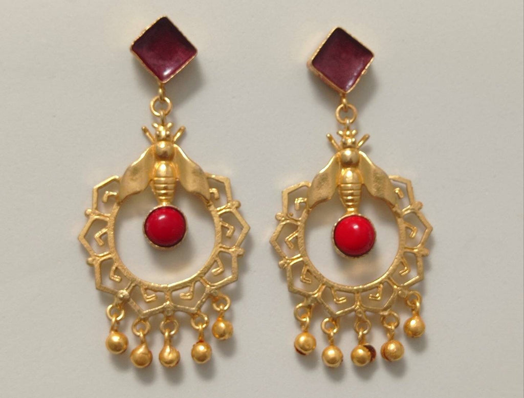 Exquisite Art Deco Bee Earrings with Coral Dangles & Enamel Chandelier Jewelry
