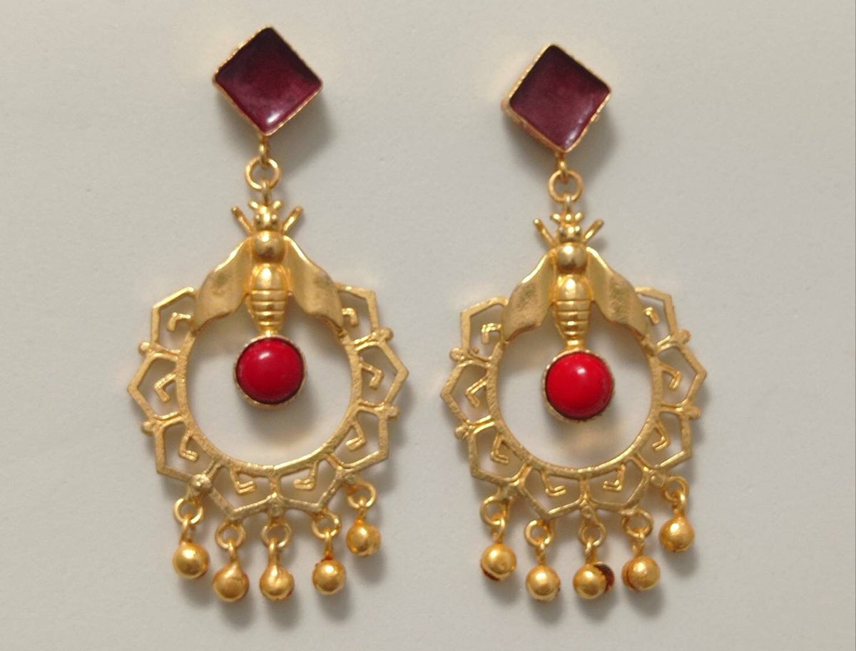 Exquisite Art Deco Bee Earrings with Coral Dangles & Enamel Chandelier Jewelry