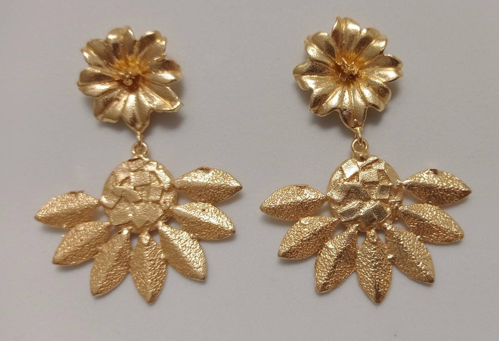 Gold Plated Flower Chandelier Earrings, Hammered Boho Jewelry