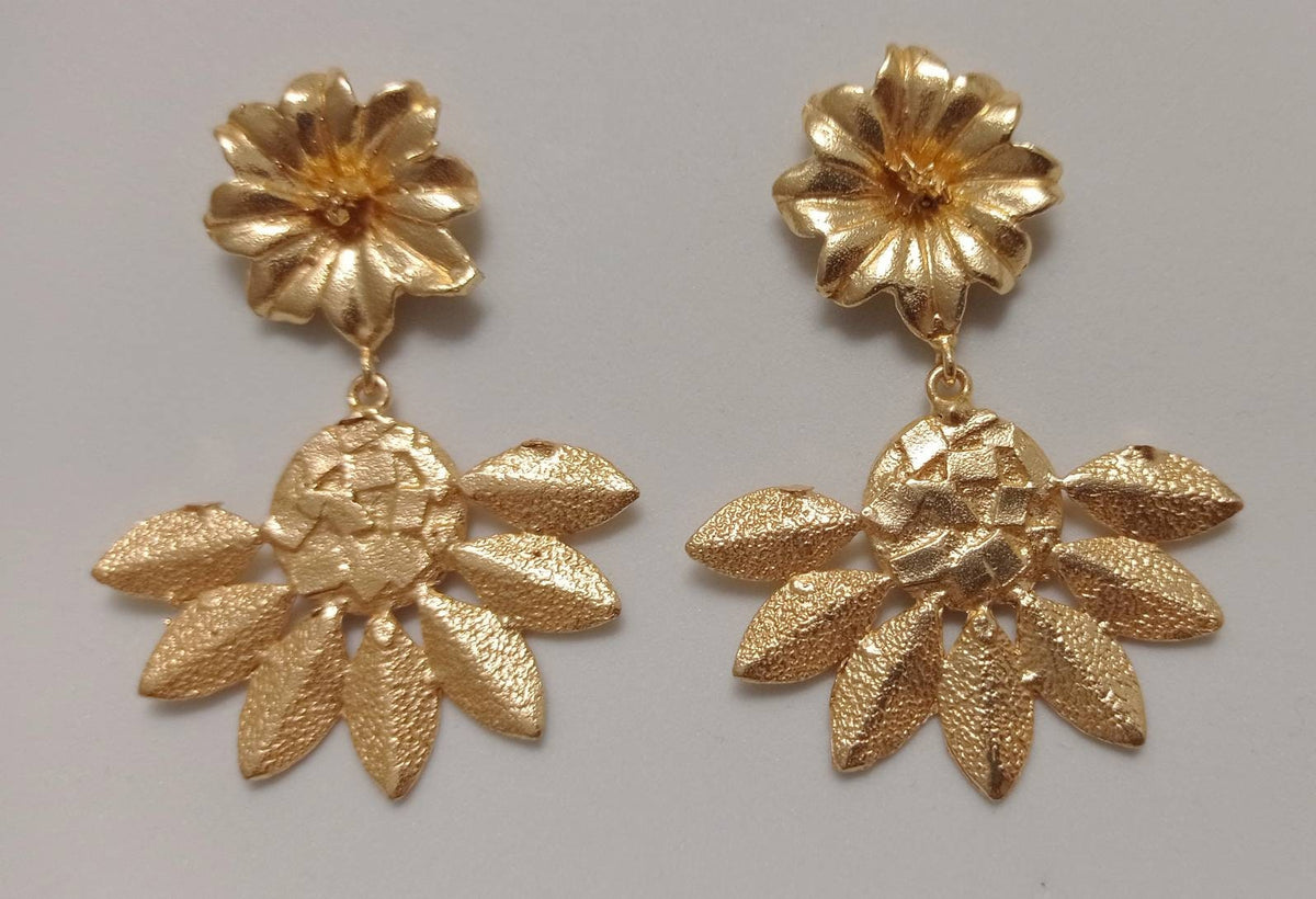 Gold Plated Flower Chandelier Earrings, Hammered Boho Jewelry