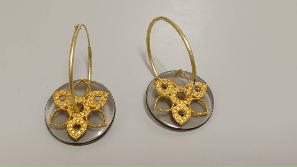 Gold Plated Hoop Earrings – Smoky Topaz Filigree Dangle Flower Artisan Jewelry