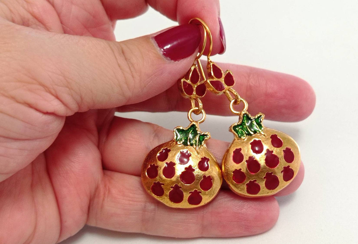 Enamel Pomegranate Dangle Earrings, Gold Plated Bronze, Boho Chic, Fertility Symbol