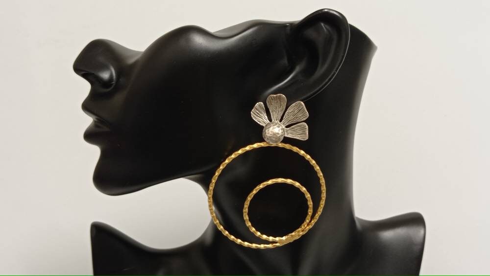 Elegant Turkish Flower Hoop Earrings, Unique Matte Gold Silver Dangle Studs