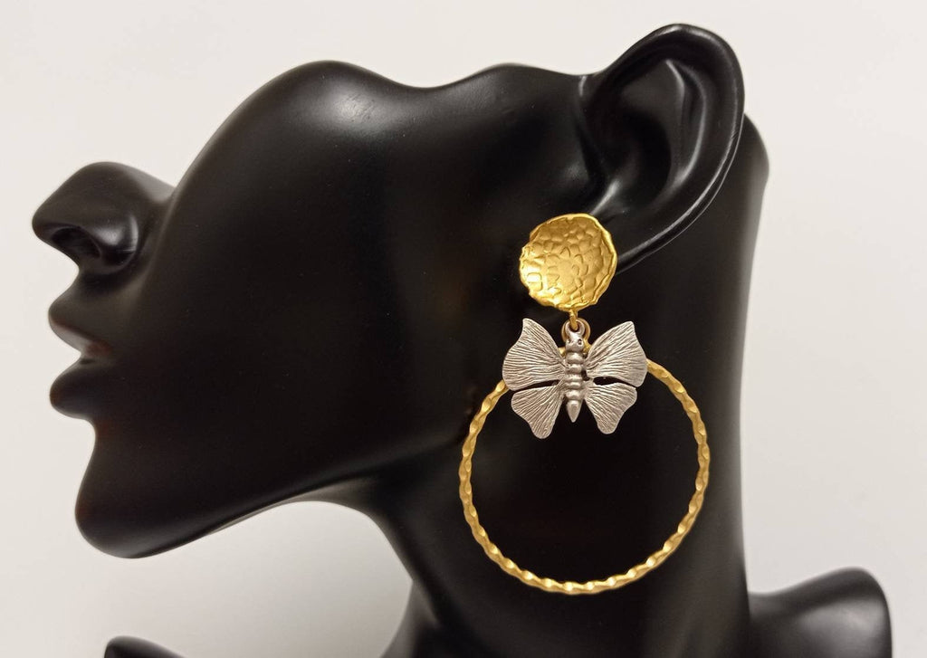 Bohemian Butterfly Hoop Earrings, Mixed Metal Gold Silver, Turkish Jewelry, Lightweight Statement