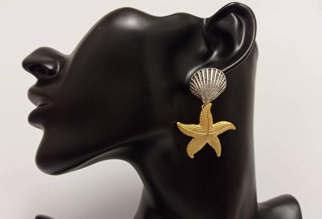 Gold & Silver Seashell Starfish Dangle Earrings, Art Deco