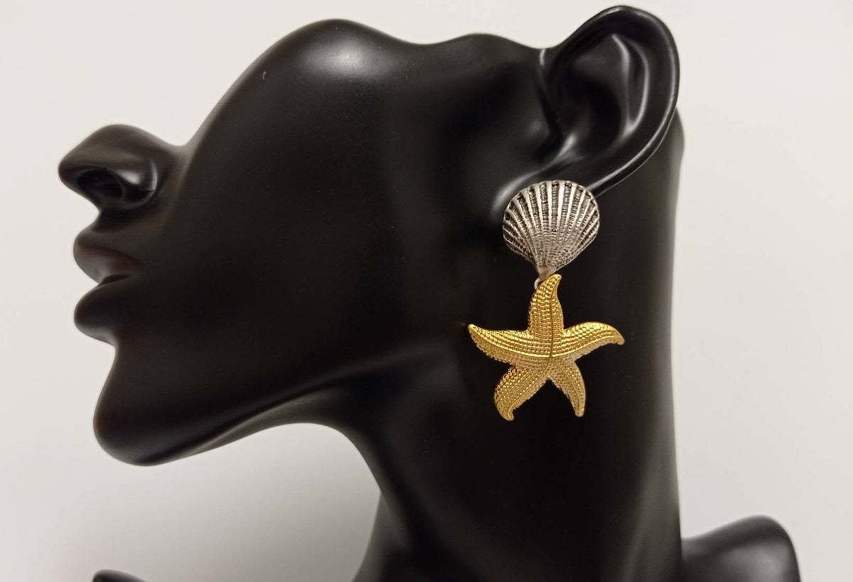 Gold & Silver Seashell Starfish Dangle Earrings, Art Deco